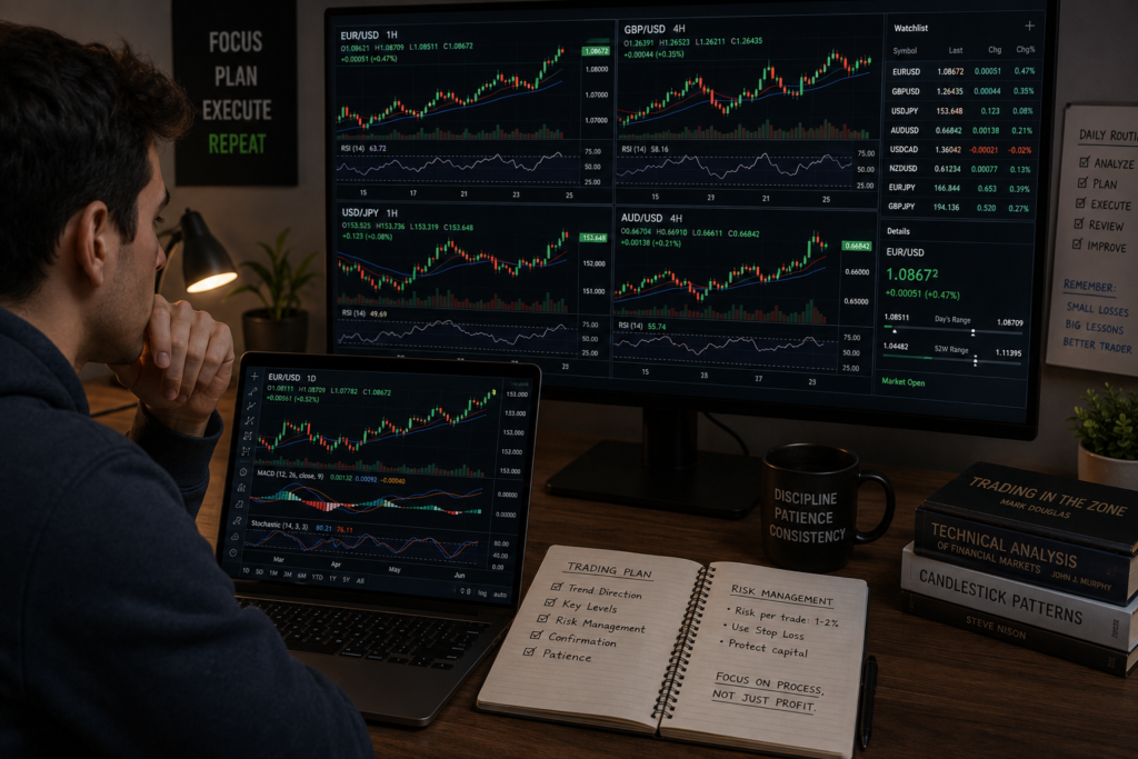 Trader using technical analysis to study Forex charts and market trends