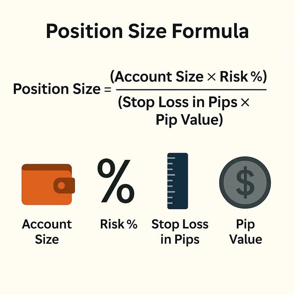 Forex trader calculating position size using account balance, stop-loss, and risk management on a trading chart.