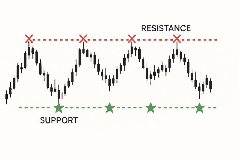 Forex candlestick chart showing support and resistance levels with price bouncing between key trading zones.