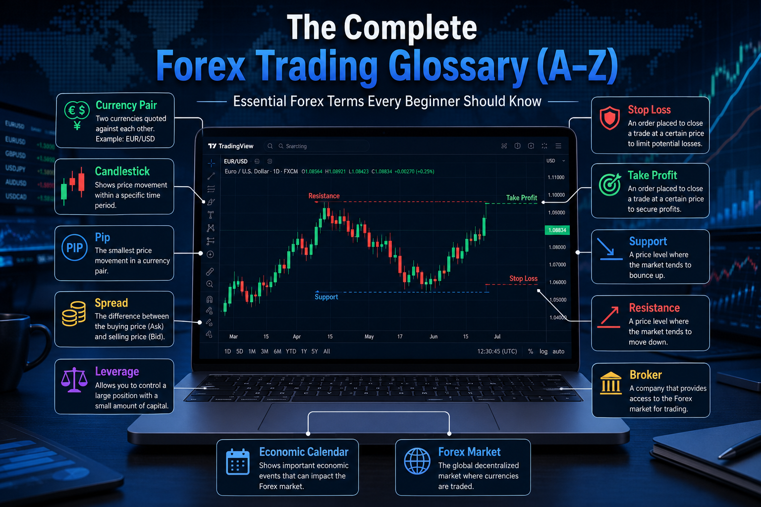 Professional Forex Trading Glossary (A–Z) infographic featuring a TradingView-style candlestick chart with essential Forex terms including pip, spread, leverage, stop loss, take profit, support, resistance, broker, and currency pair for beginner traders.