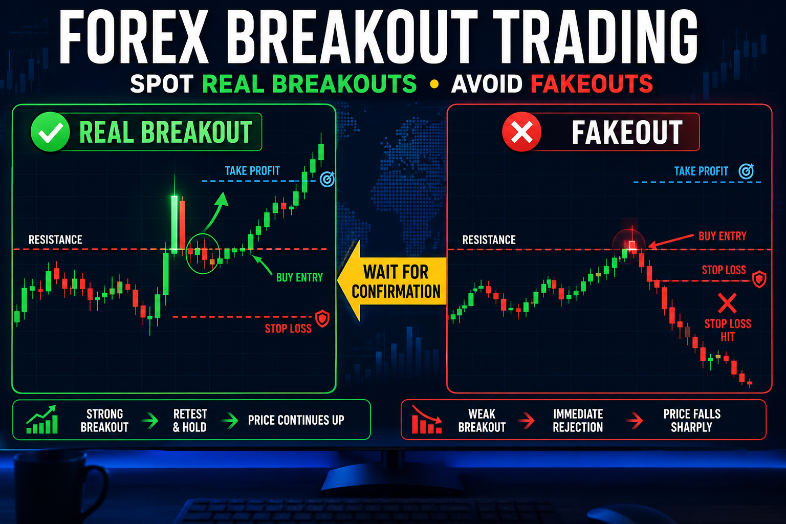 A TradingView-style Forex chart comparing a real breakout and a fakeout, showing price breaking above resistance, a successful retest, buy entry, stop loss, take profit, and a false breakout reversal.