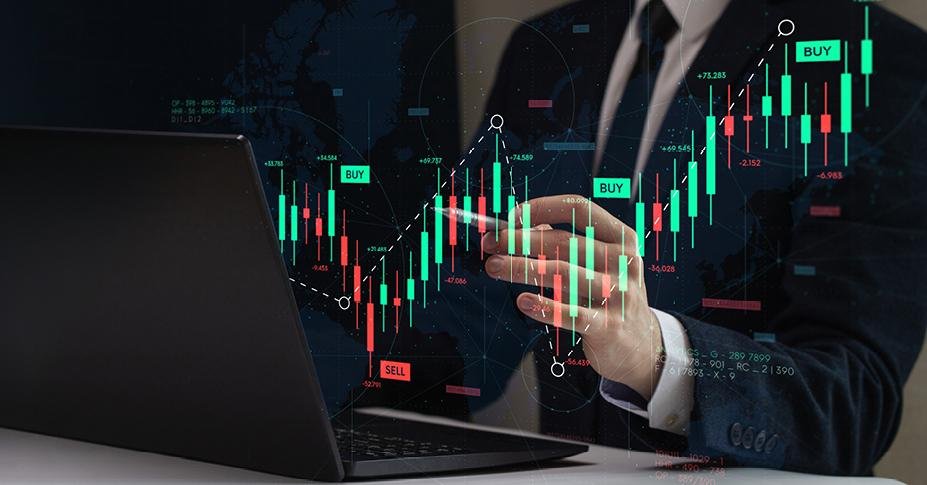 A professional Forex trading setup showing a highly volatile EUR/USD candlestick chart on a laptop with buy entry, stop loss, take profit, and sharp price movements illustrating Forex market volatility.