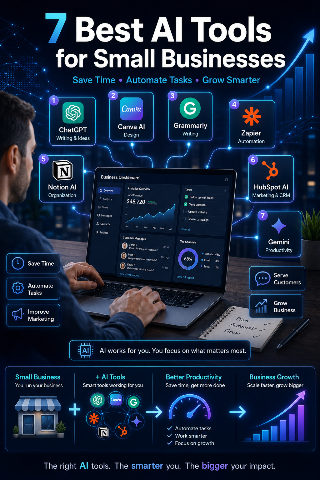 Best AI tools for small businesses showing a business owner using AI for content creation, marketing, automation, customer management, and productivity.
