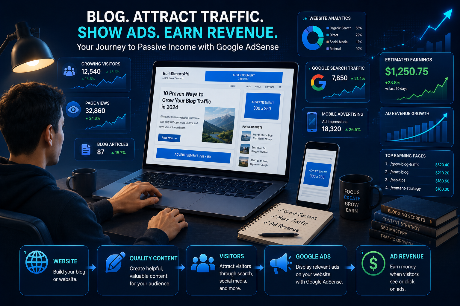 Google AdSense for beginners showing a blogger using a website to create quality content, attract visitors, display ads, and earn ad revenue.