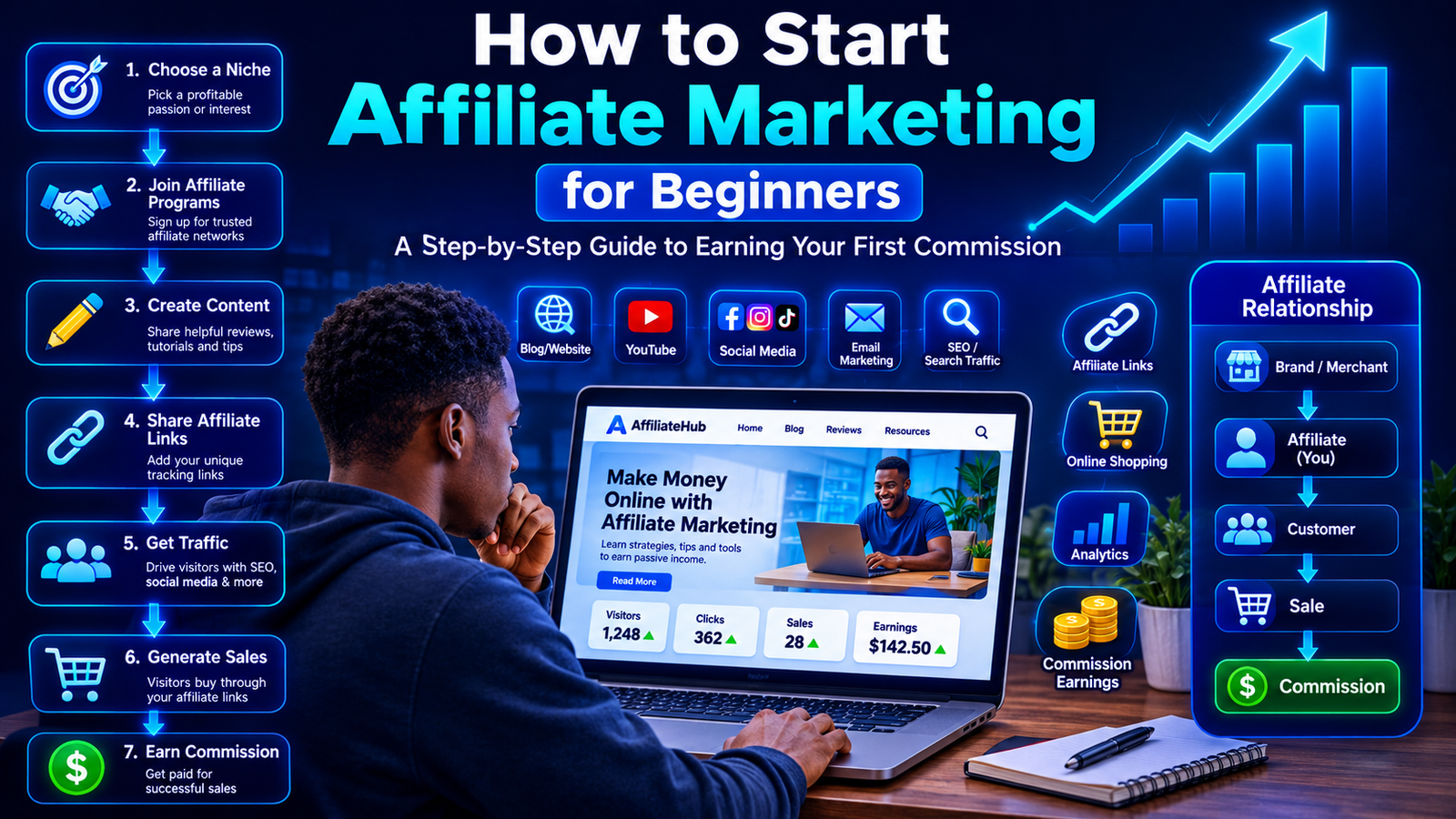Beginner learning how to start affiliate marketing by choosing a niche, joining affiliate programs, creating content, getting traffic, promoting affiliate links, and earning commissions