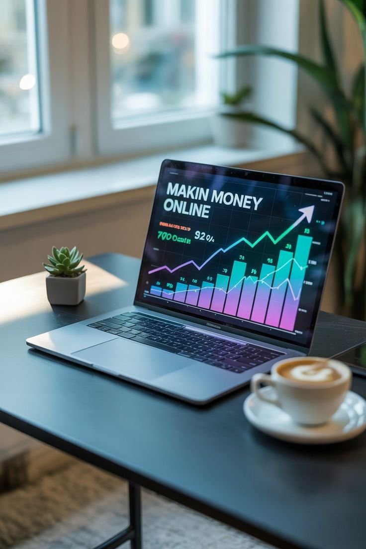 Illustration of a person running an online business from a laptop, showing the workflow from business idea to website, online payments, customer delivery, and earning income.