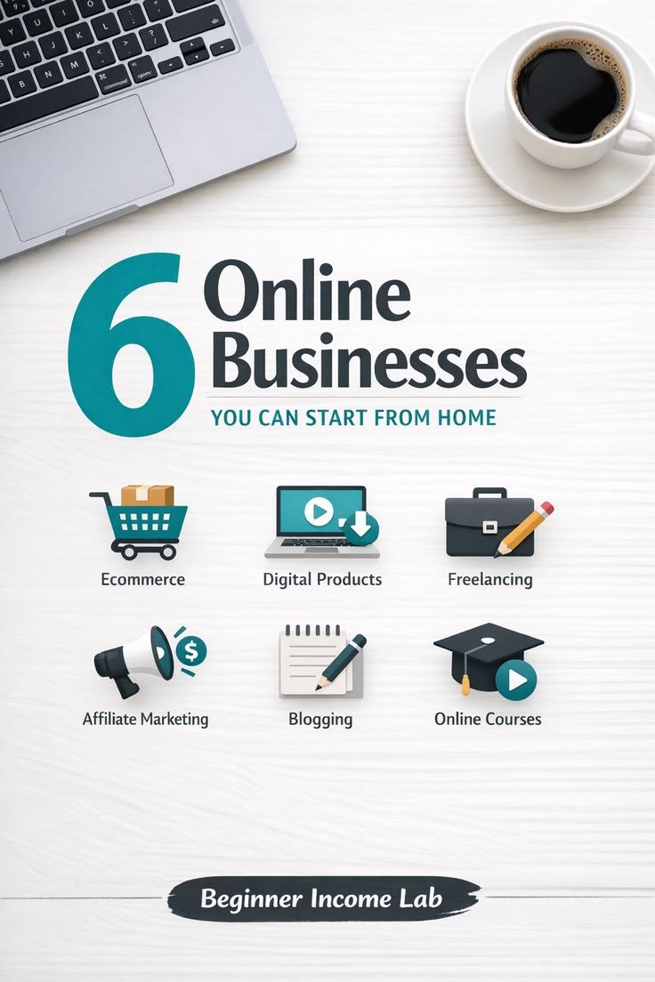 Illustration of a beginner starting an online business with a laptop, showing affordable business ideas, website creation, content marketing, online payments, and business growth.
