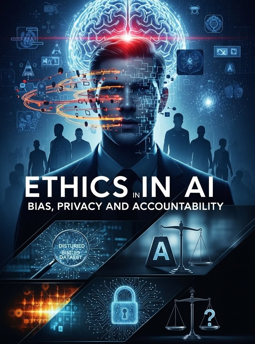 AI ethics explained showing the benefits, risks, and challenges of artificial intelligence, including fairness, privacy, transparency, accountability, and human oversight.